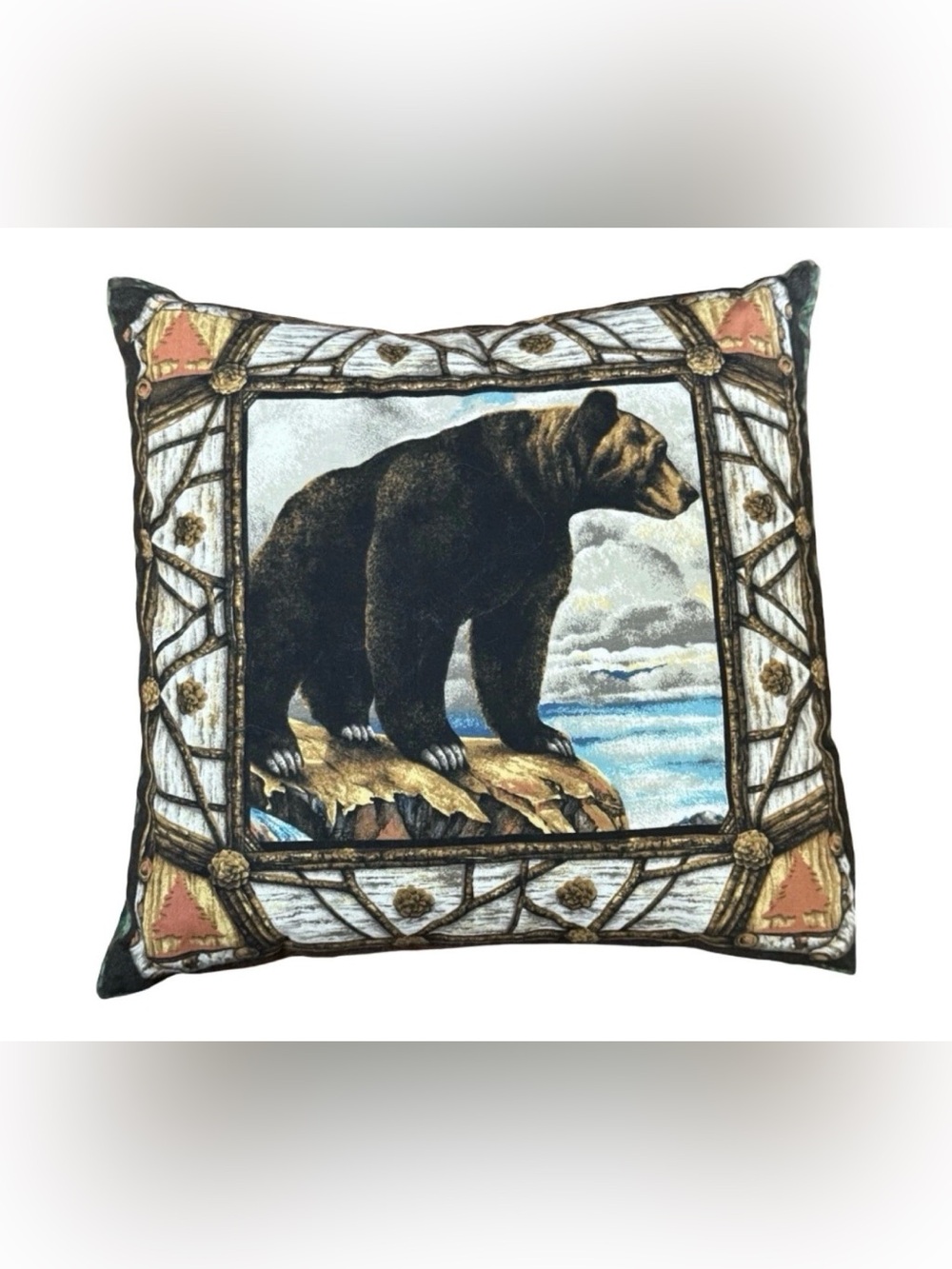 Rustic Black Bear Mountain Fabric Pillow - Adirondack Cabin Lodge Decor 16"x16"